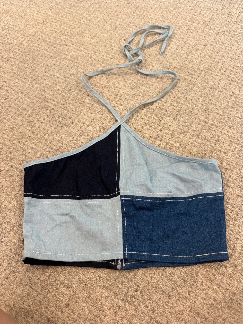 Patchwork Blue Halter Crop Top - Women